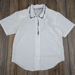 Vintage Silky White Short Sleeve Button Down Embroidered Blouse Top